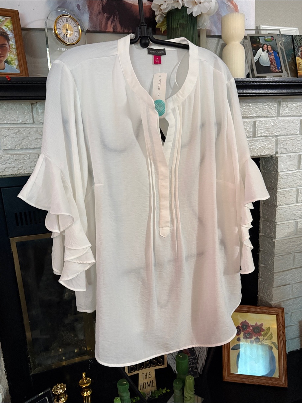 Vince Camuto White Ruffle Sleeve Tunic Blouse